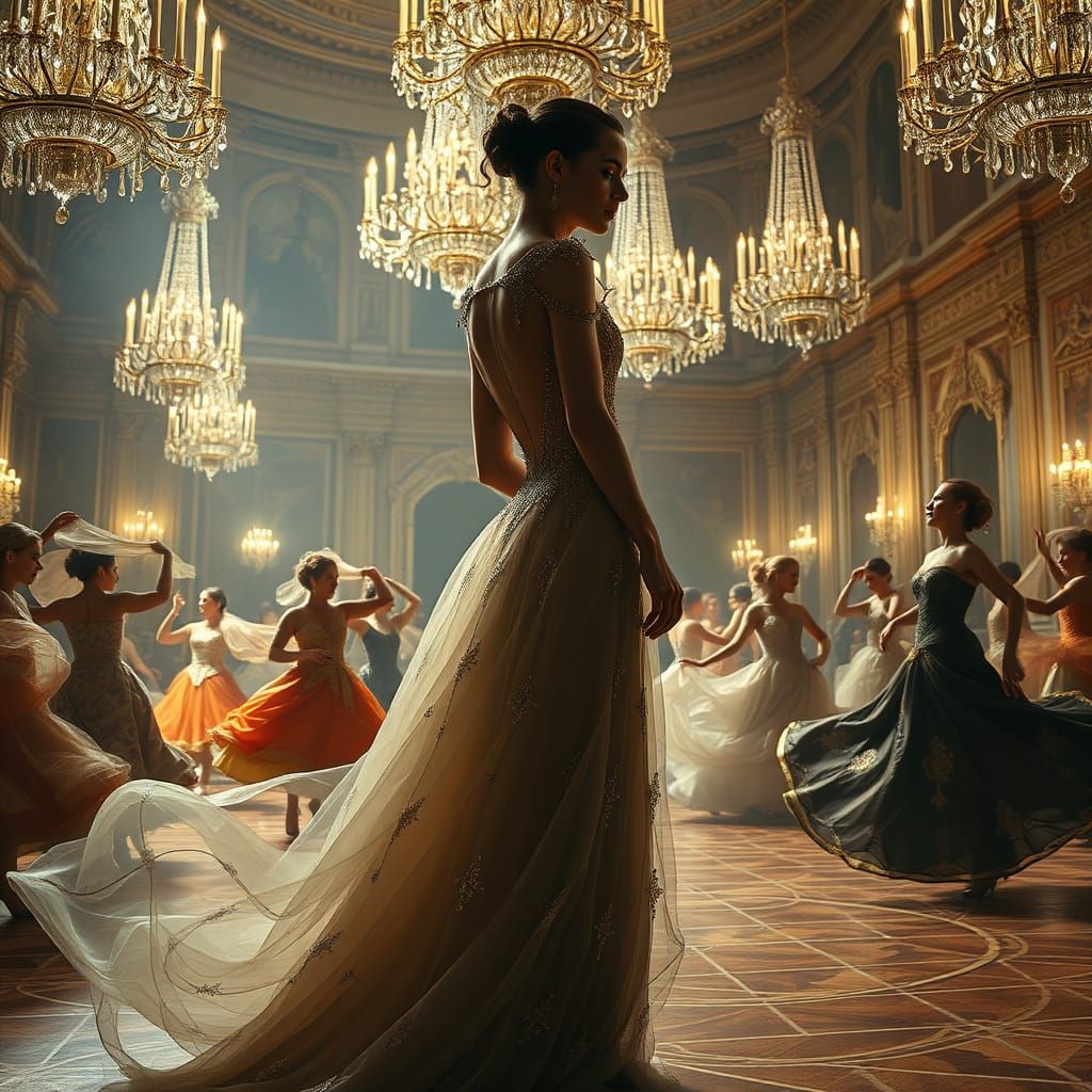Elegant Woman Lost in Thought in Grand Ballroom