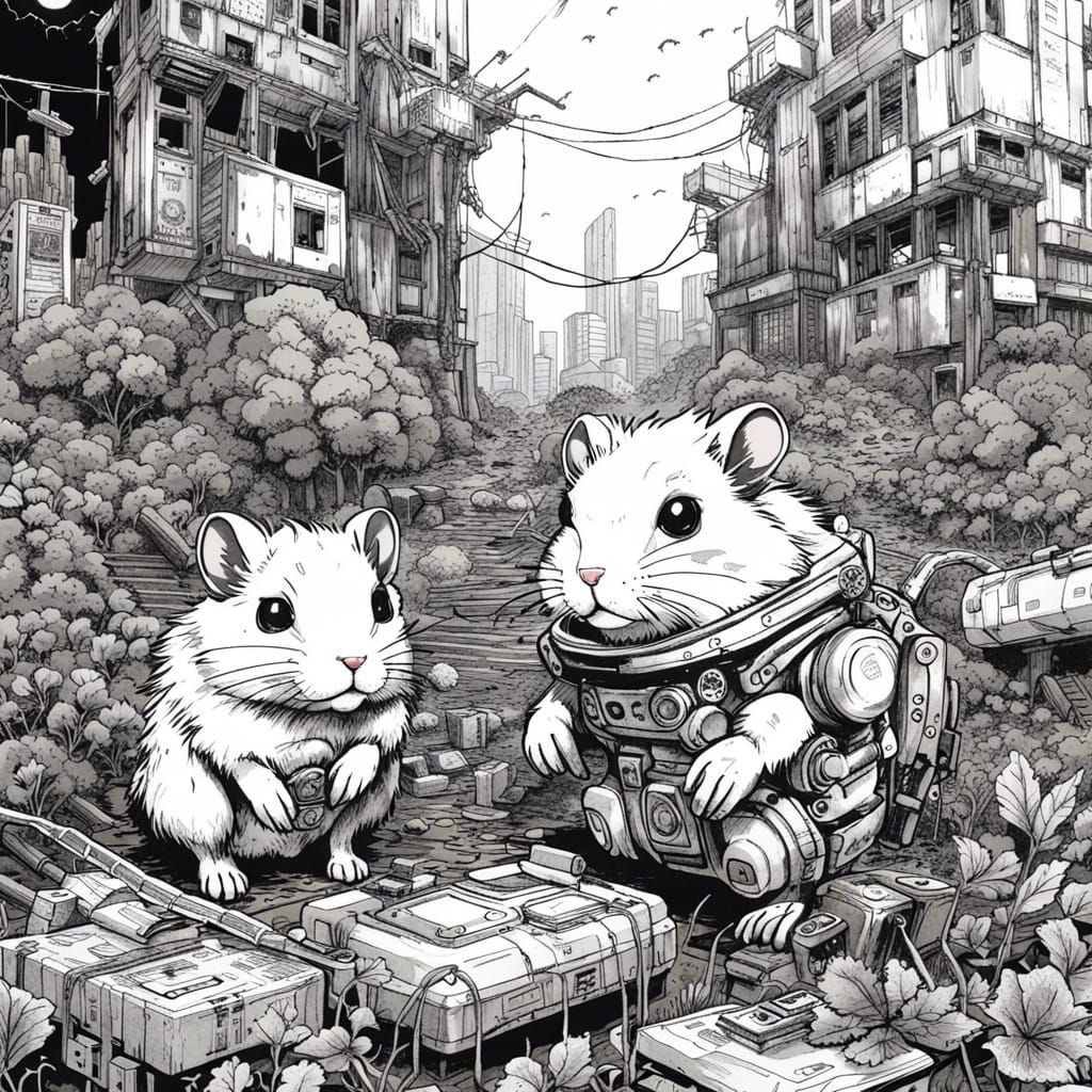 Robotic Hamsters in Post-Apocalyptic City, Manga Style