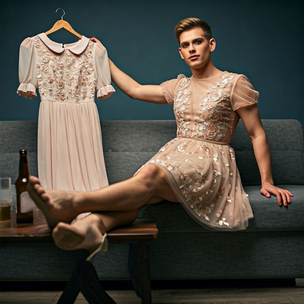 Feminine Man in Tulle Dress Sits Relaxed with Beer
