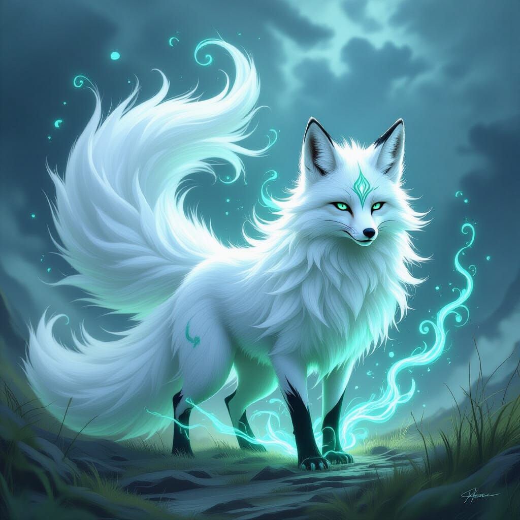 Ethereal Fox Spirit Conjures Wind Vortex in Digital Painting