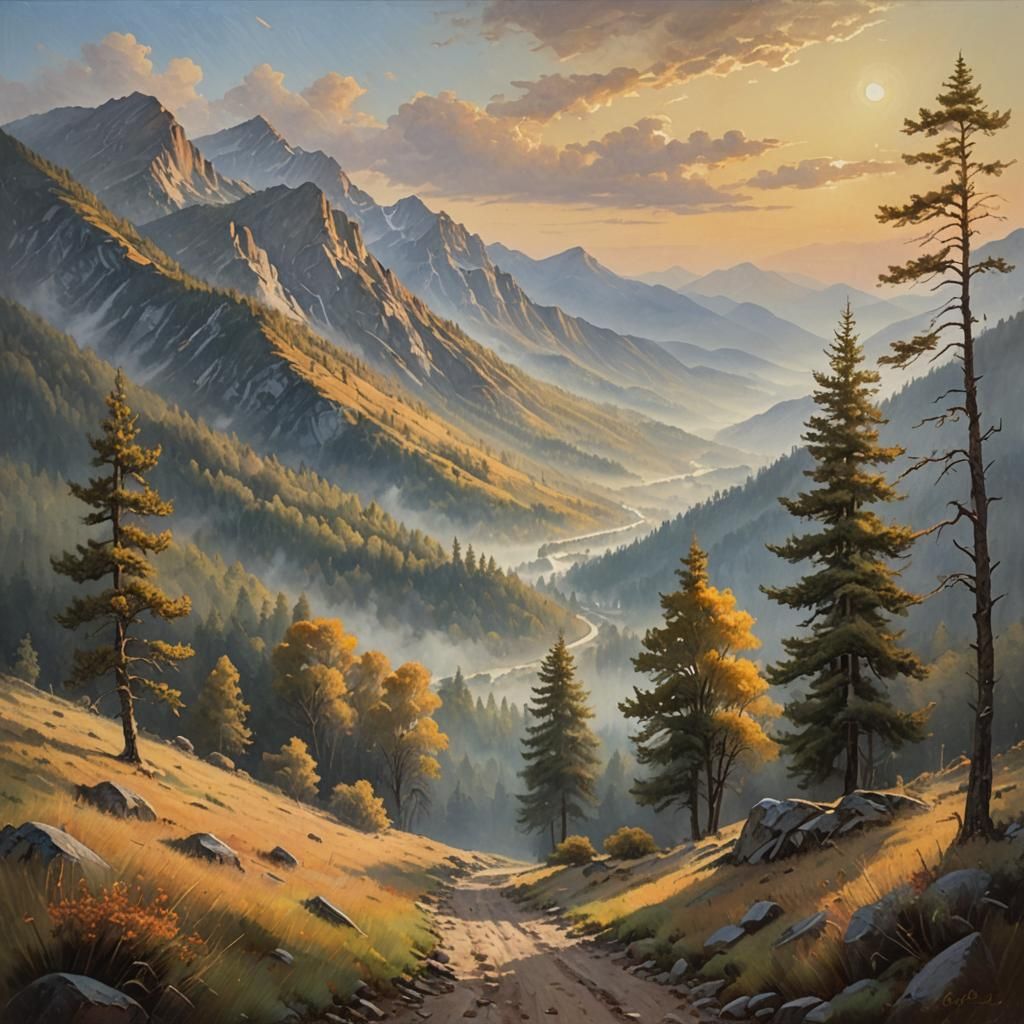 Misty Mountain Range at Dawn: An Impasto Oil Painting