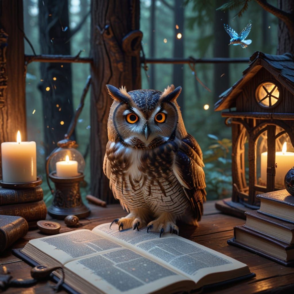 Wise Owl Scholar Studying in a Magical Forest Treehouse