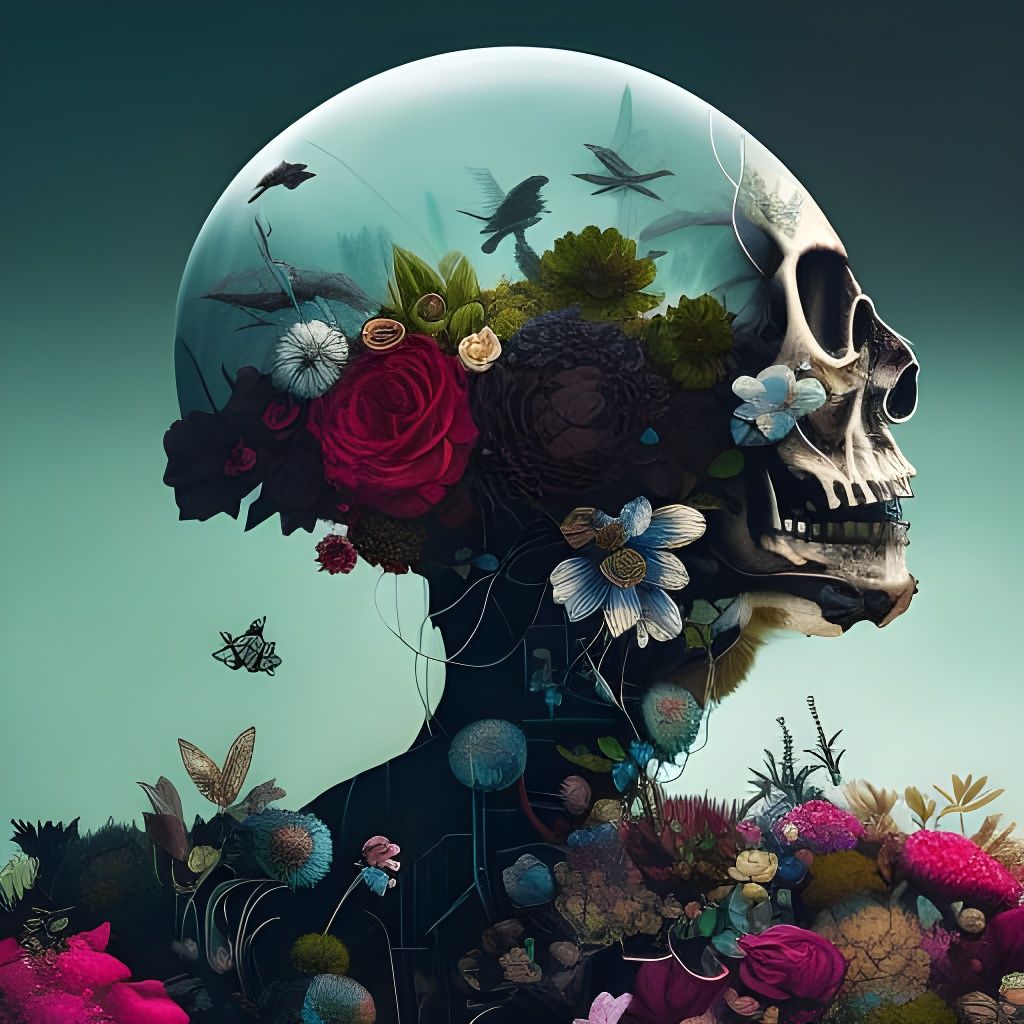 Surreal Flower Garden Skull in Dystopian Editorial Art