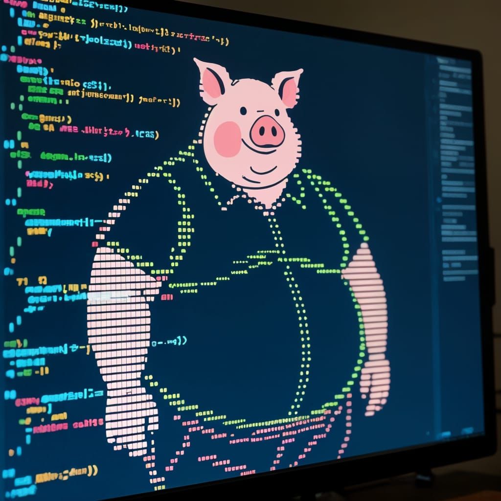 Corpulent Man With Pig Head Formed By Scrolling Code