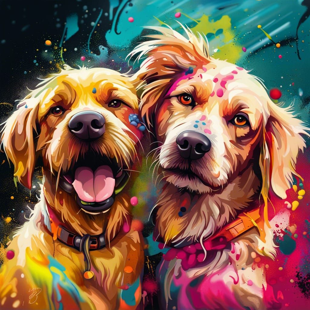 Colorful Graffiti Portrait of Two Friendly Dogs