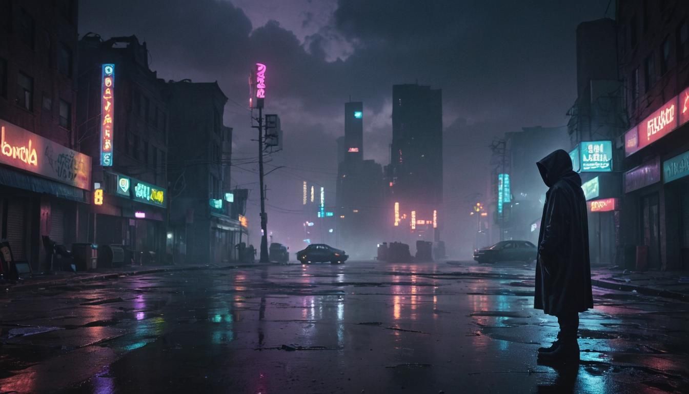 Ethereal Figure in a Desolate Neon Cityscape