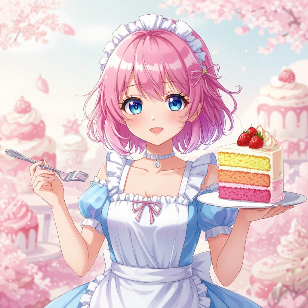 Whimsical Anime Girl Enjoys Vibrant Cake Slice