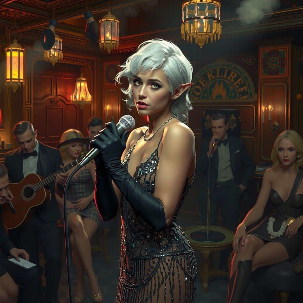 Elven Flapper Sings in Smoky Art Deco Speakeasy