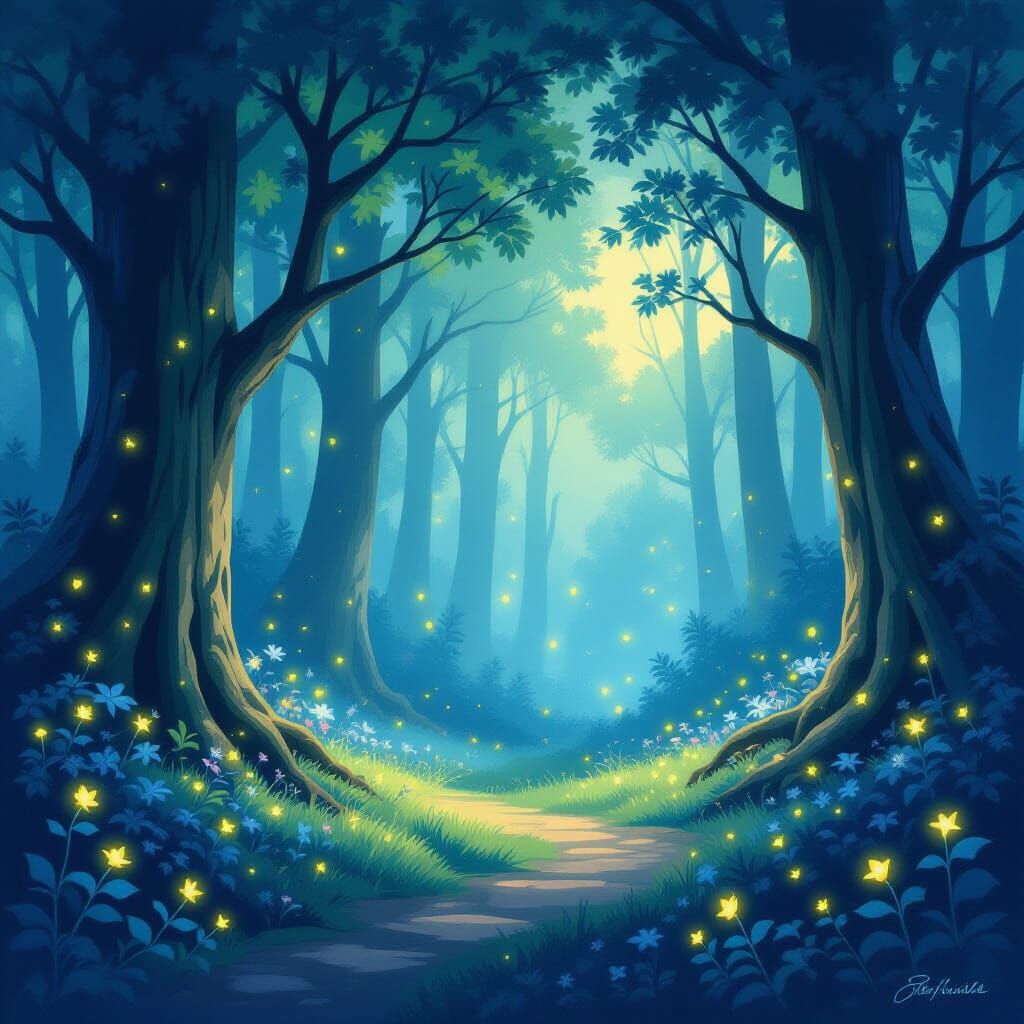 Twilight Forest Clearing with Glowing Flora as Airbrush Art
