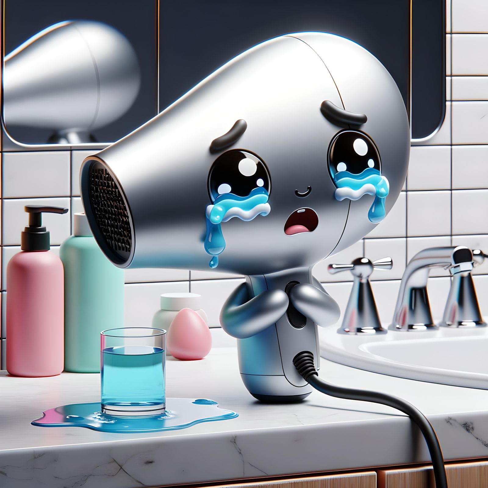 Sad Hair Dryer Crying in Bathroom: CGI Cartoon