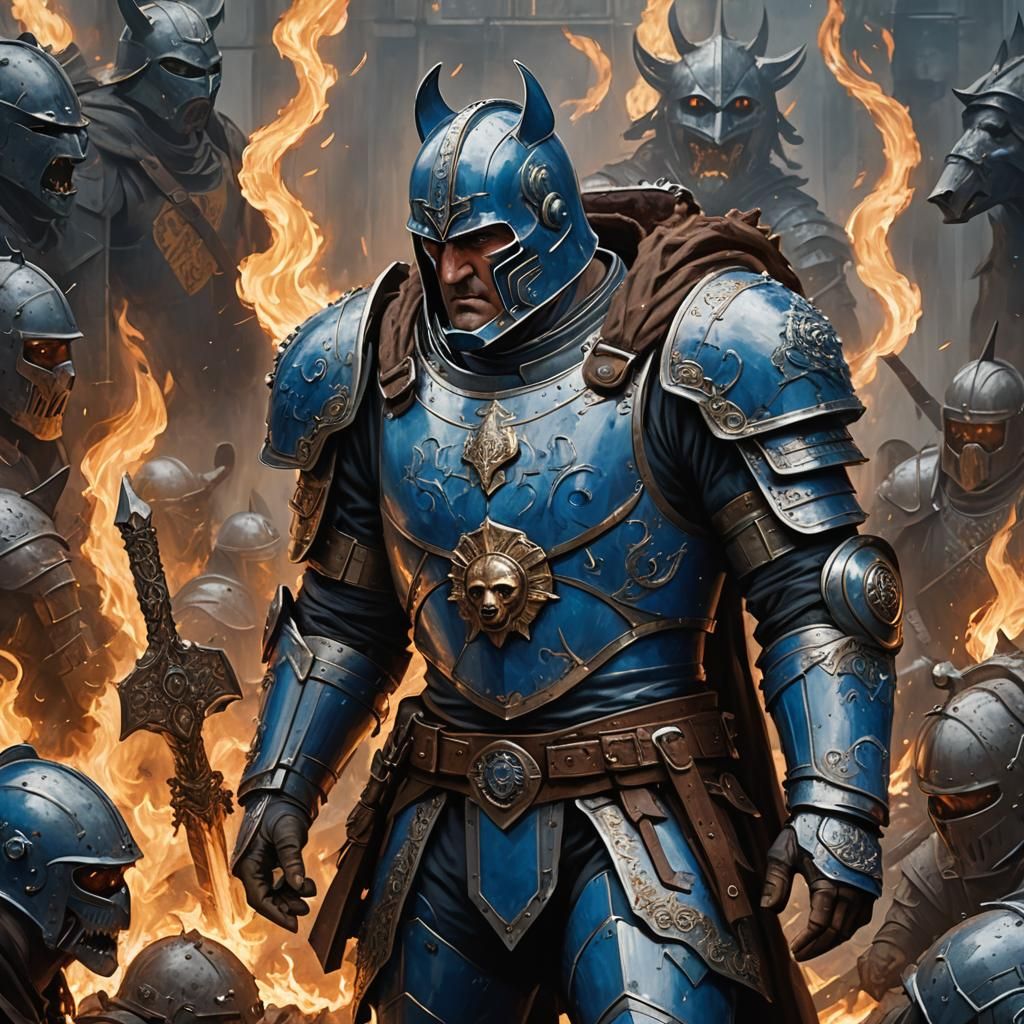 Knight of Helm in Blue Armor Amidst Fire