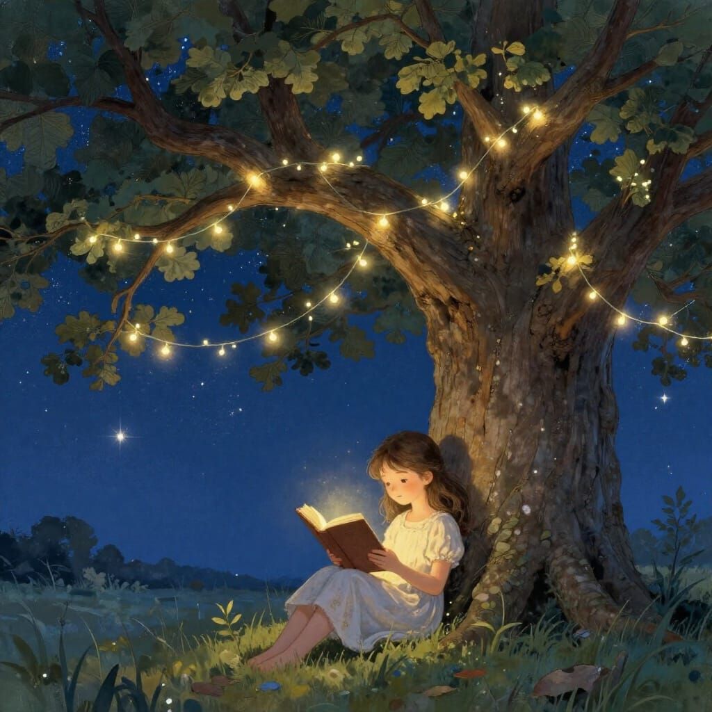 Girl Reading Under Enchanted Oak Tree at Night