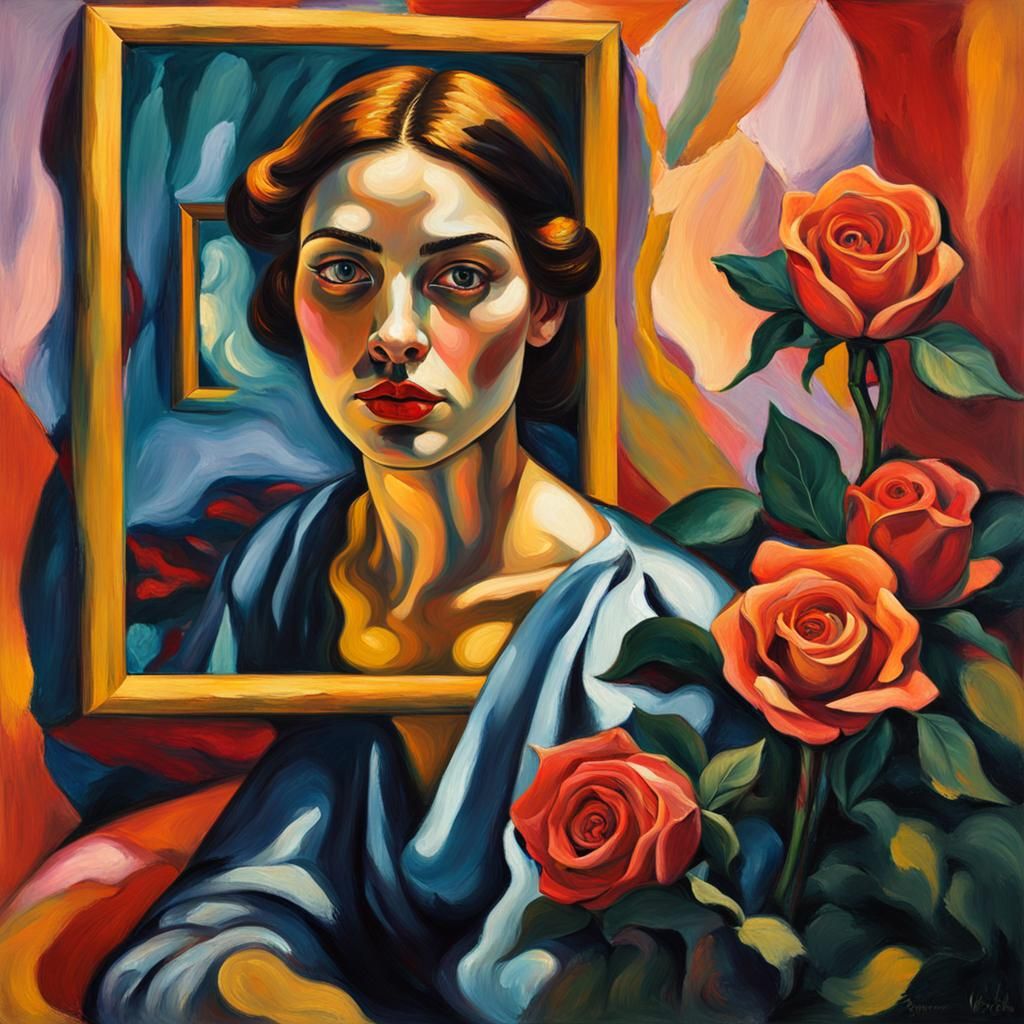 Woman with Rose in Surrealist Fauvist Portrait