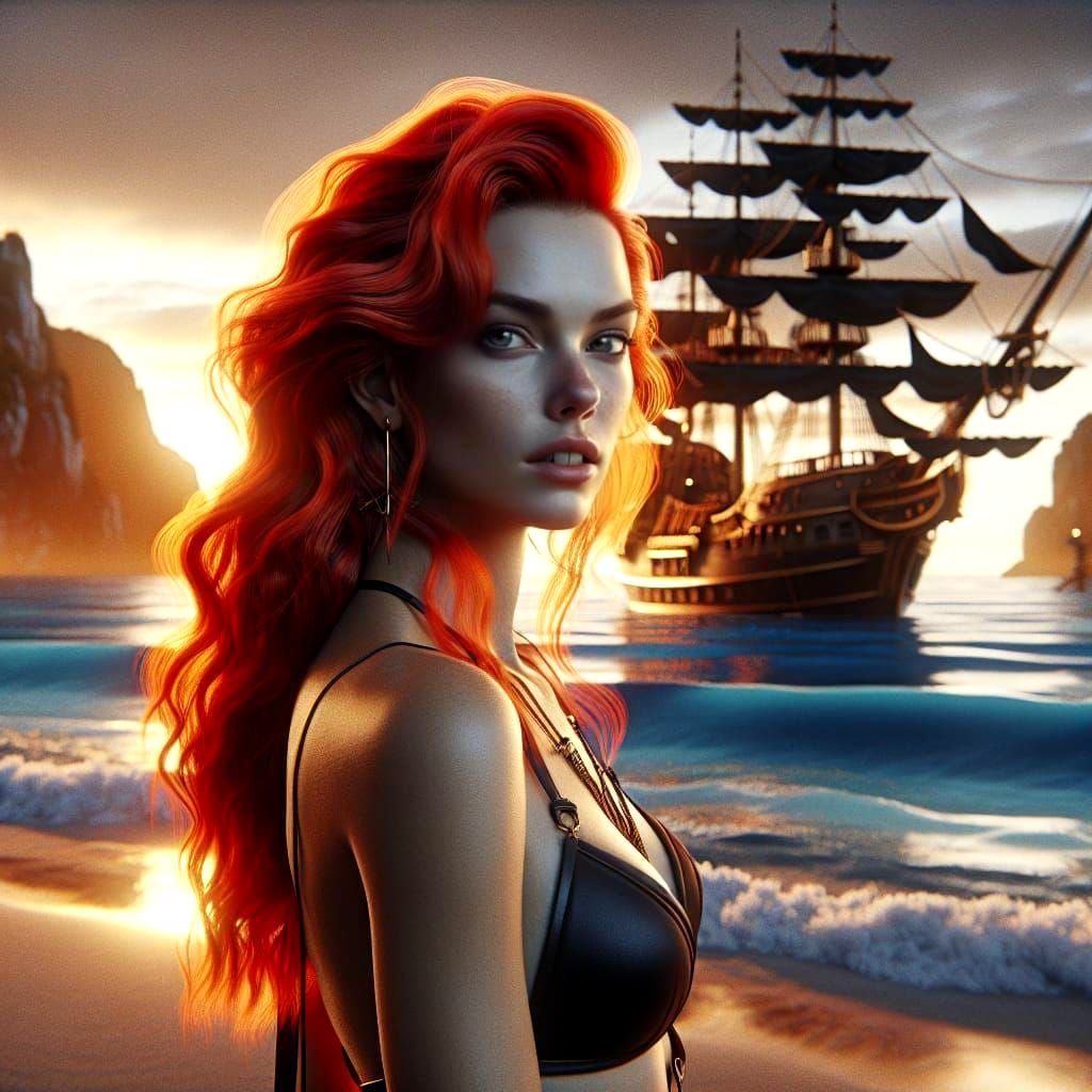Pirate Woman Portrait with Fiery Hair in Art Nouveau Style