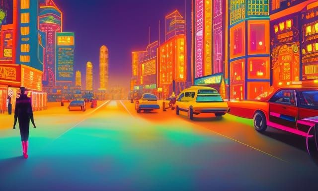 Neon Cityscape Portrait of Woman with Orange Hair