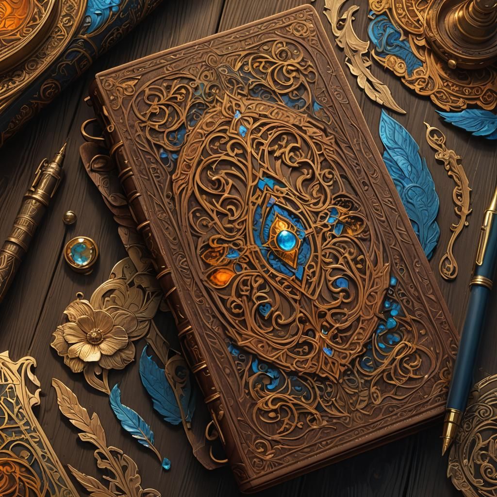 Ornate Leather Journal with Golden Filigree in Hyperdetailed...