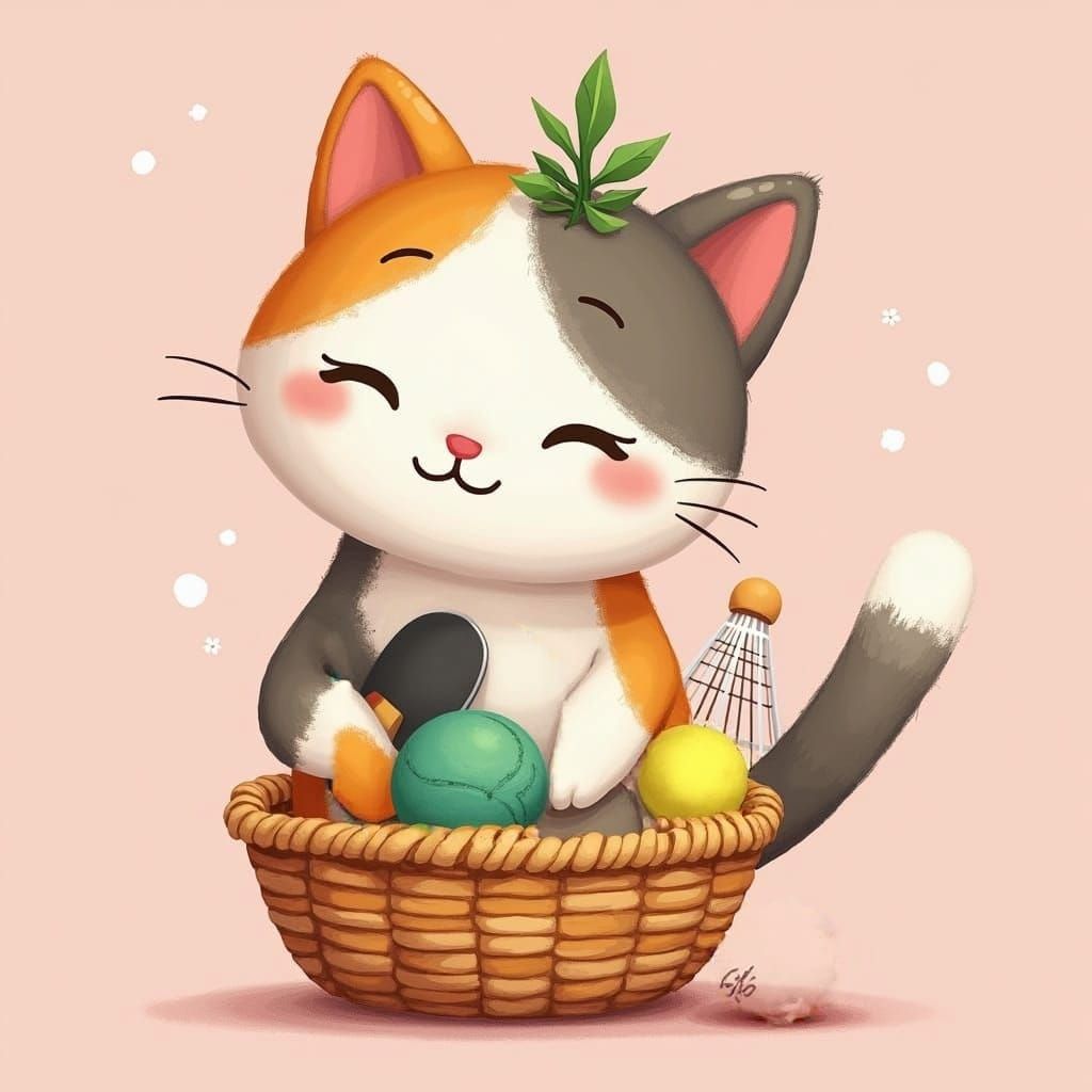 Whimsical Calico Cat Plays Badminton in Pastel Paradise