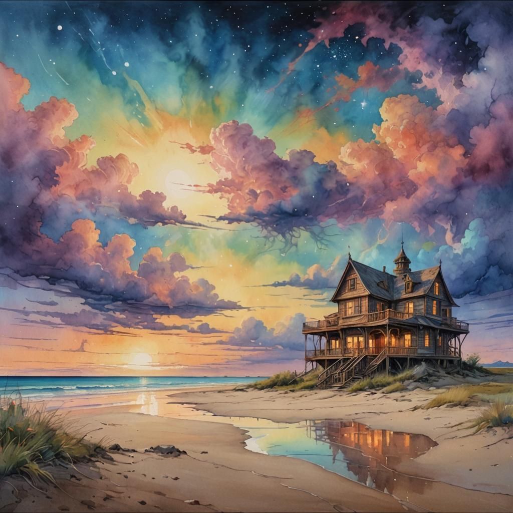 Enchanted Beach: Fantasy Architecture Under Nebula Sky