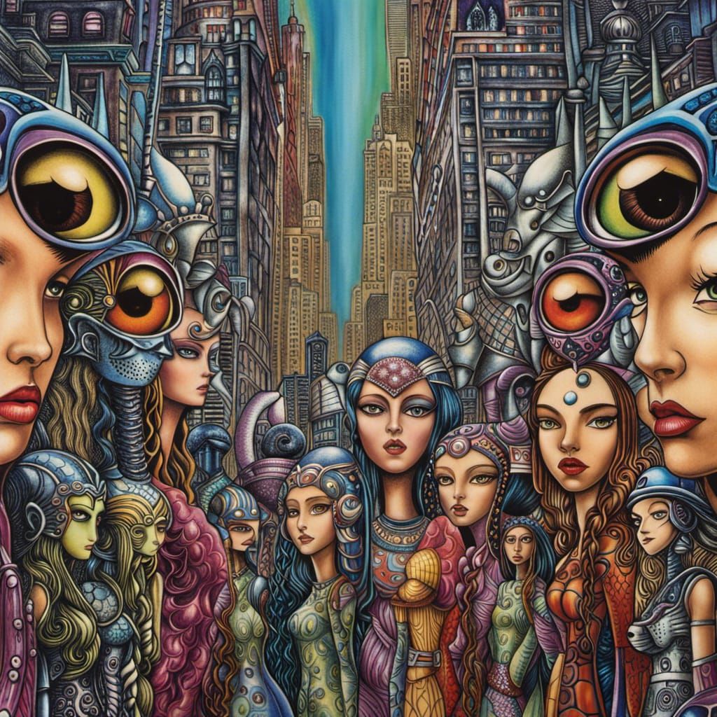 Arcane Women in Modern City, Detailed Art