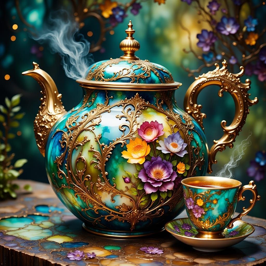 Enchanted Tea Pot Steams with Elegant Tea Cup Companion