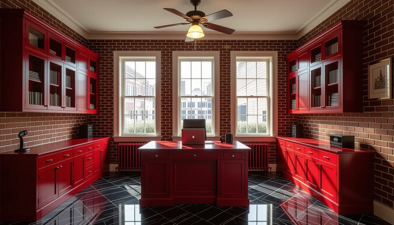 Vibrant Victorian Working Room with Marble Floor and Brick W...