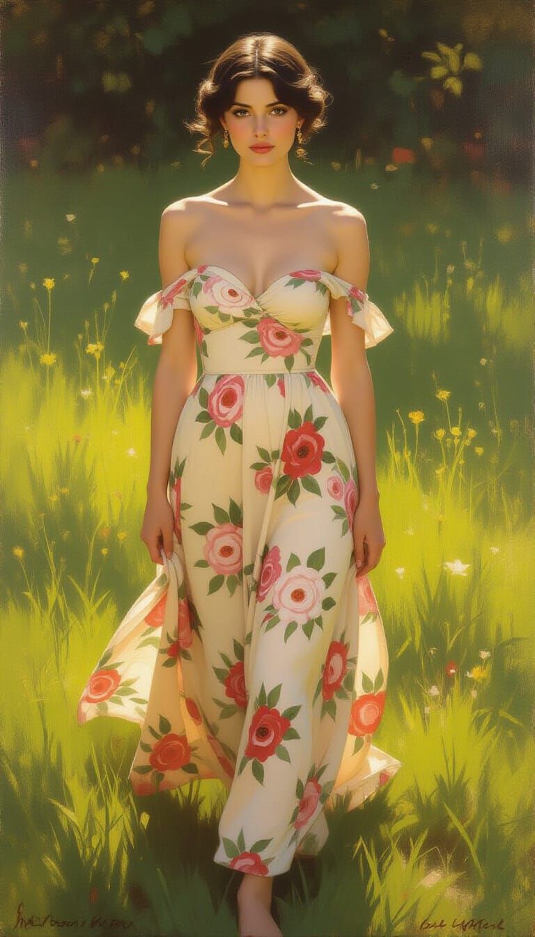 Luminous Woman in Floral Dress, Sargent Klimt Style