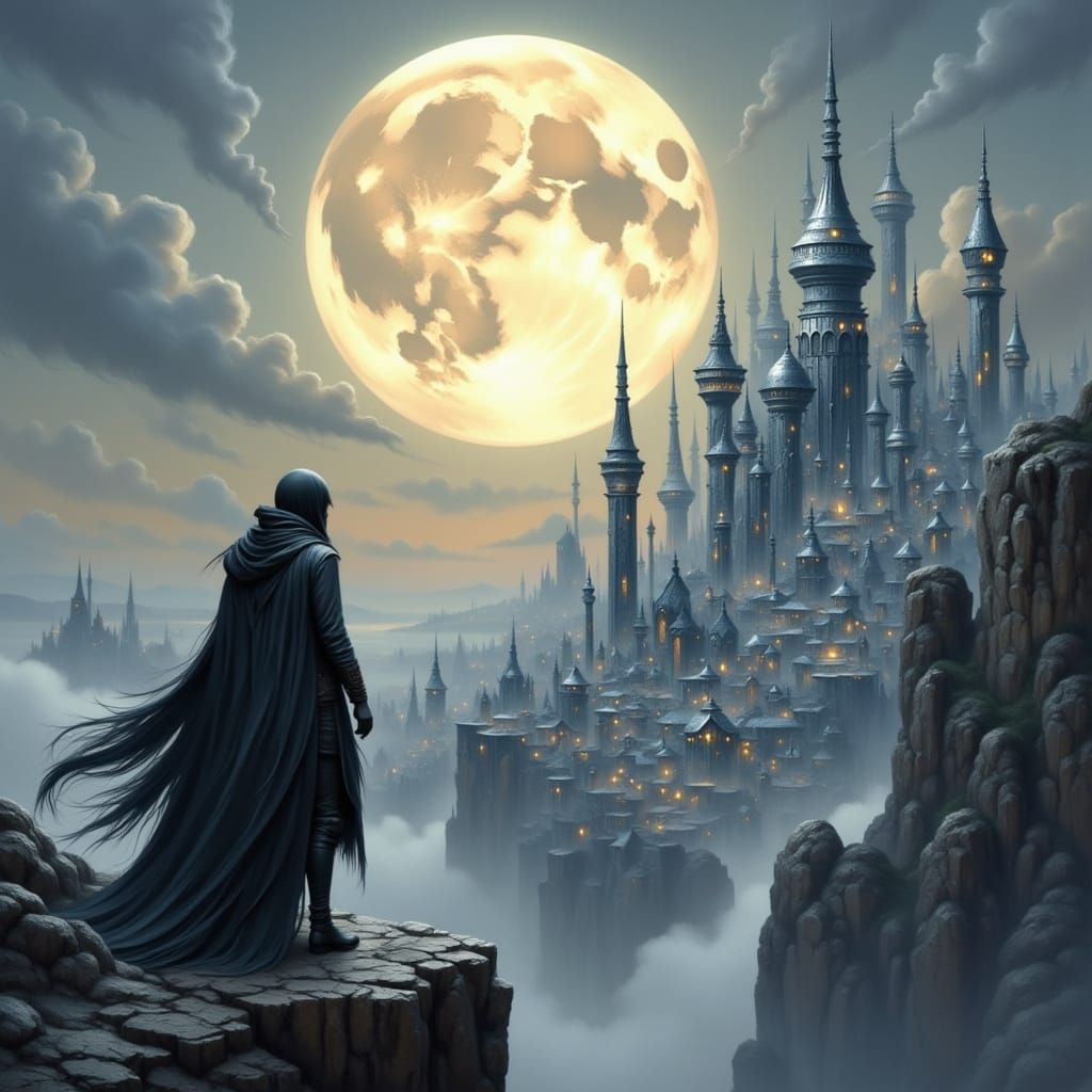 Elven Rogue Overlooks Moonlit Cliffside City in Painterly St...