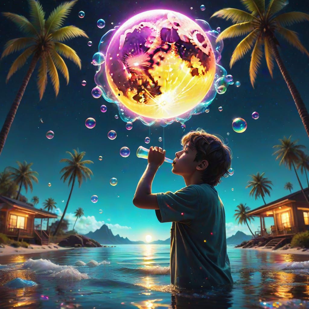 Synthwave neon retro. Wide angled shot. A young boy blowing ...