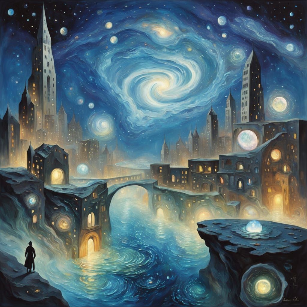 Gemstone Cityscape with Liquid Light Rivers