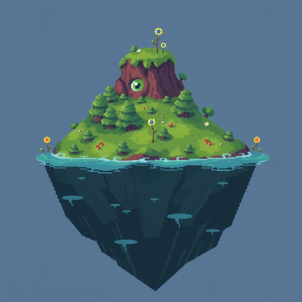 pixel art giant living island, giant water creature, his top...