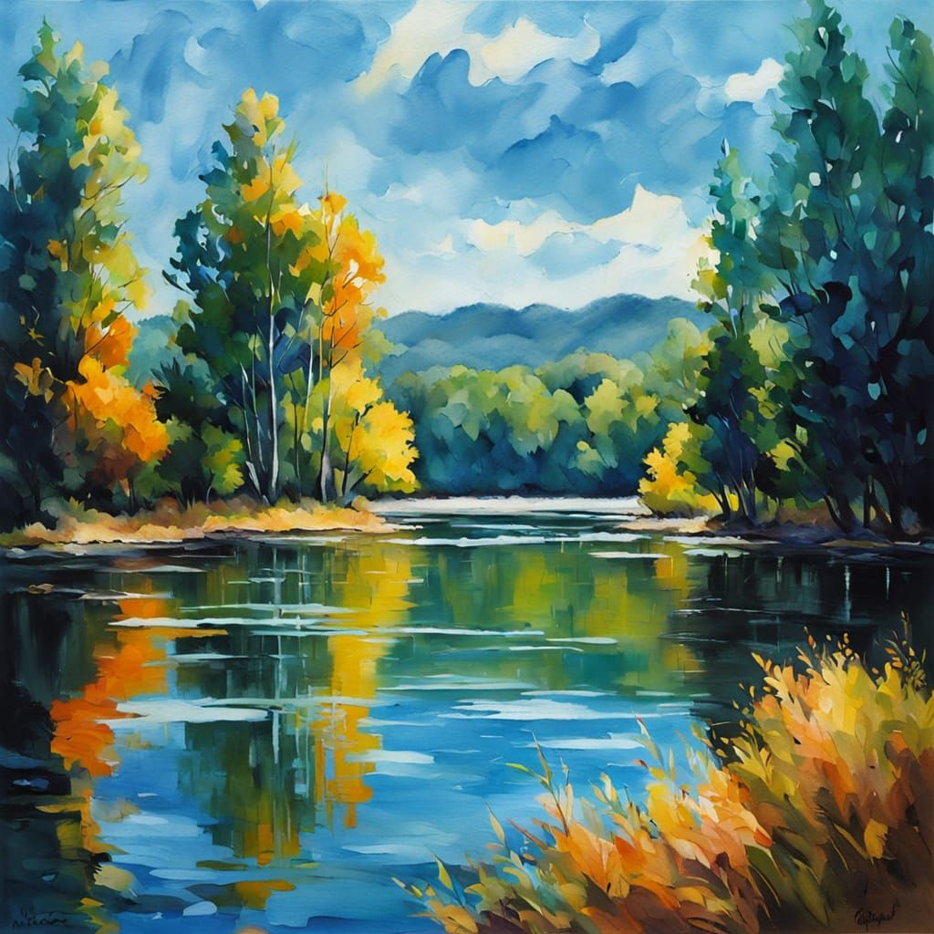 Impressionist Trees by Water's Edge in Warm Sunlight