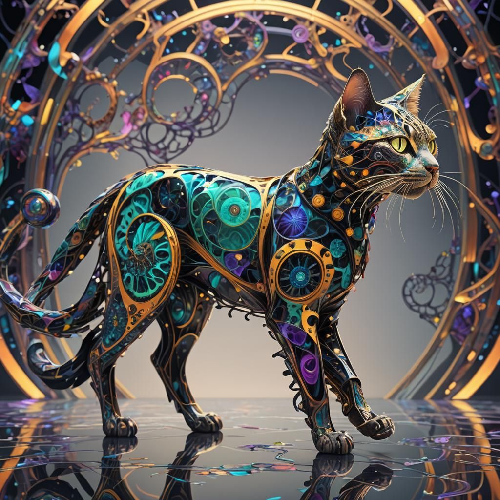Fractal Cybernetic Cat Striding Across Glass Portal