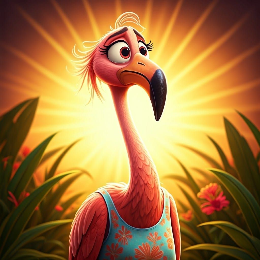 Worried Flamingo Girl in Sunny Digital 3D Art