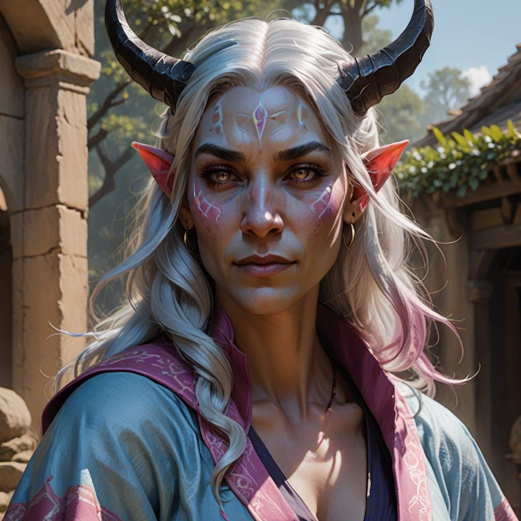 Tiefling Cleric Portrait with Broken Horns