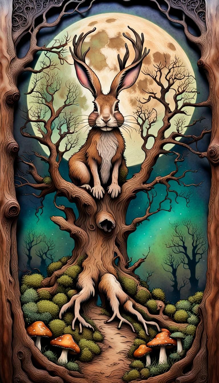 Gnarled Tree with Hare and Moon in Folk Art Style
