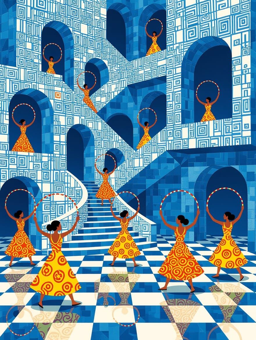 Escher-Inspired Hula Hoops in Cool Blue Tones