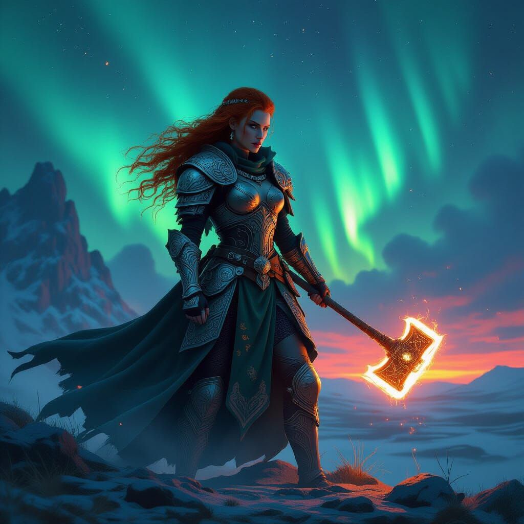 Valkyrie with Warhammer on Battle-Scarred Landscape