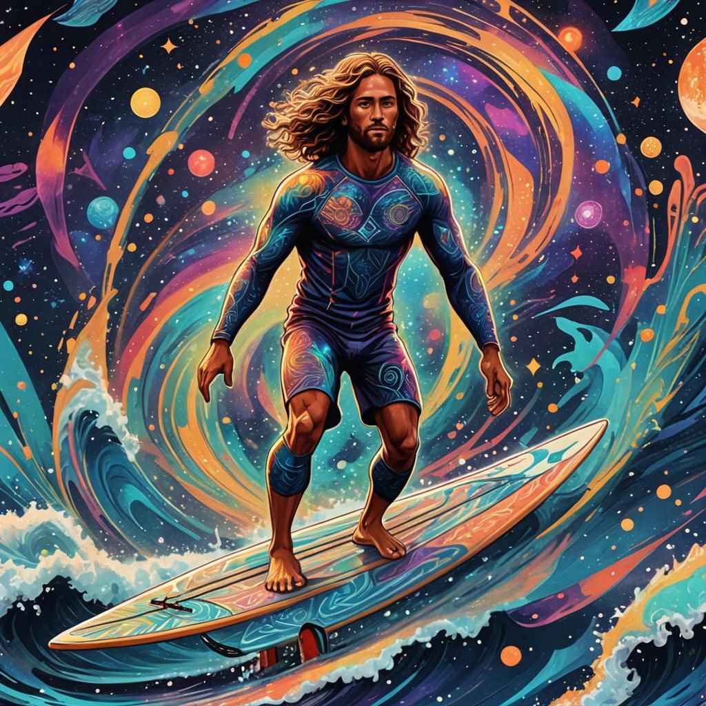 Surfer Dude in Holographic Mixed Media Style