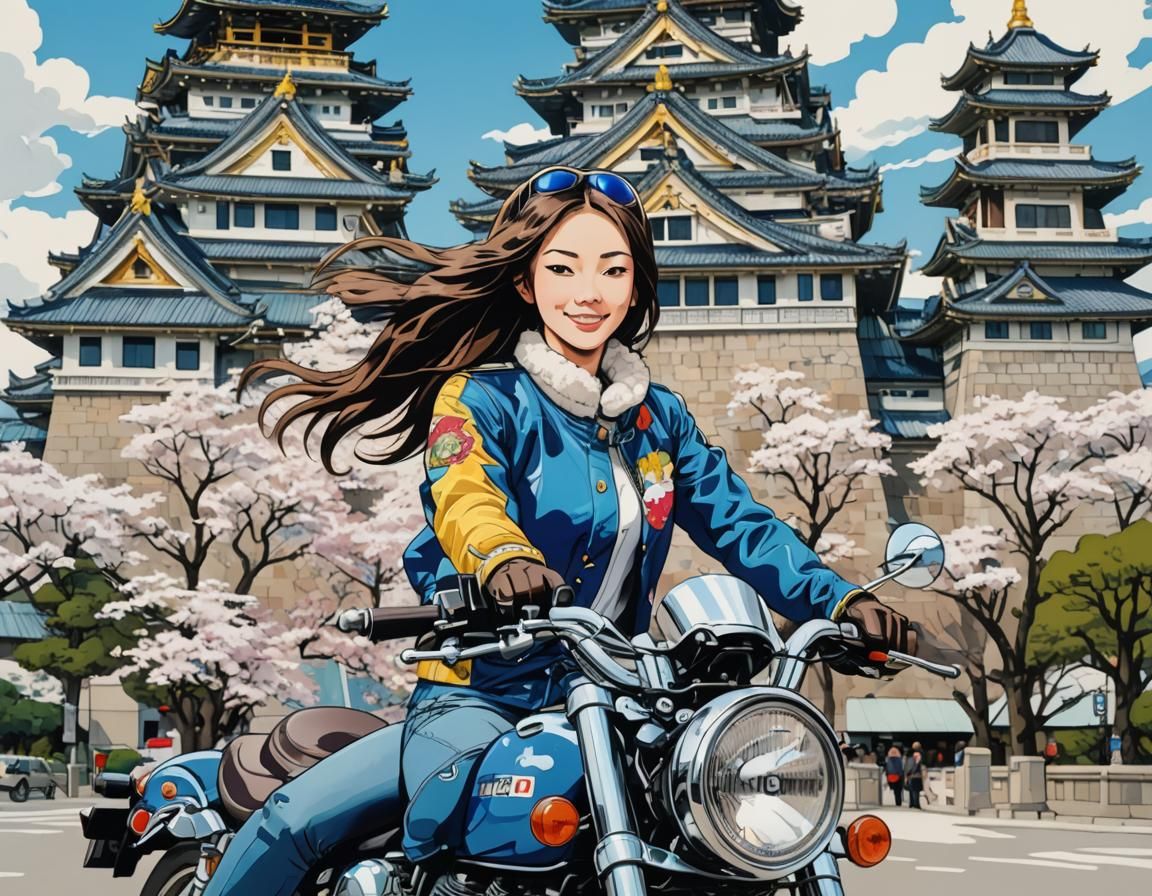 Surreal Anime Goddess Rides Honda CB750 in Dreamlike Osaka C...