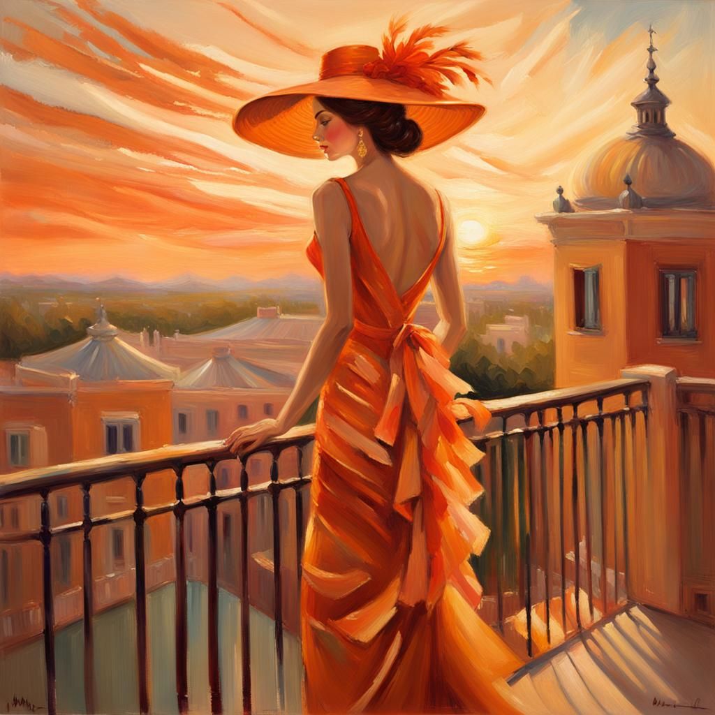 Woman in Orange Gown: Impressionist Oil Painting