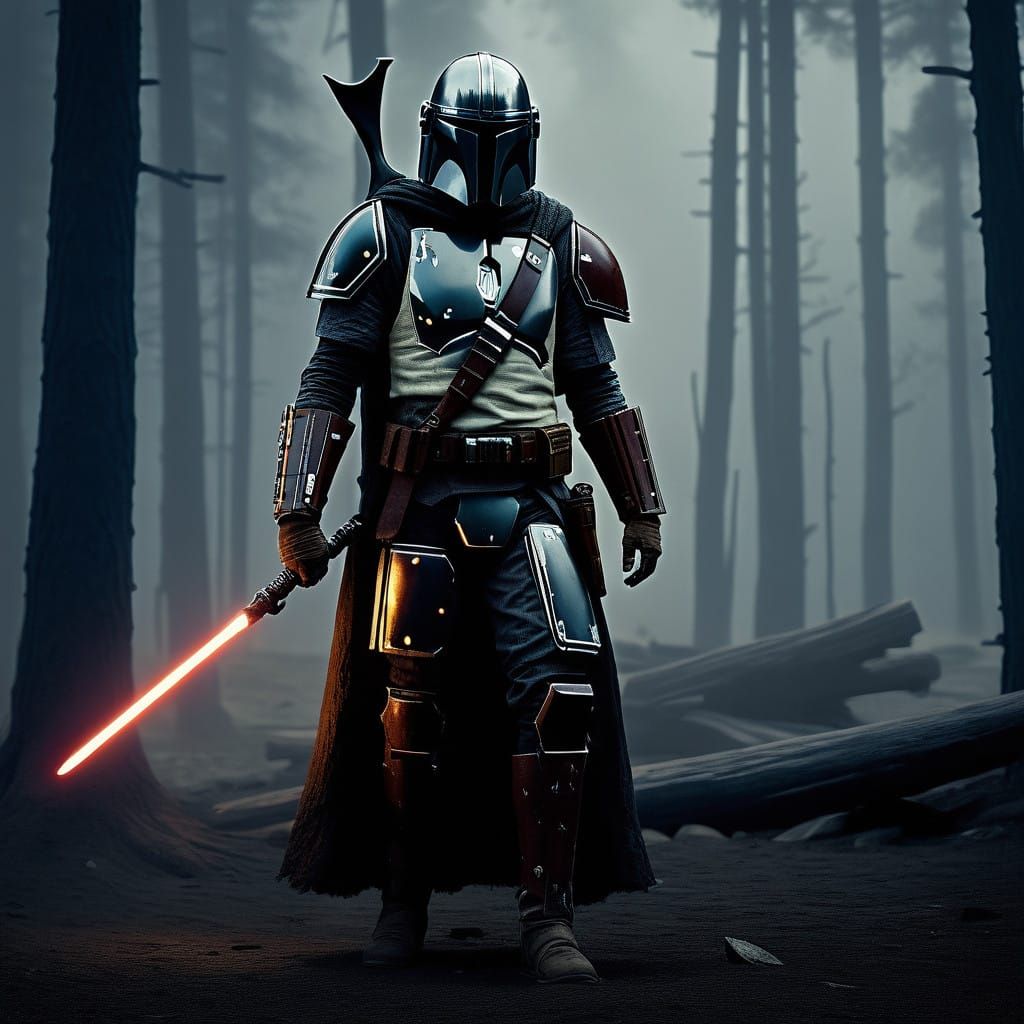 Mandalorian Bounty Hunter with Dark Saber in Cinematic Pose
