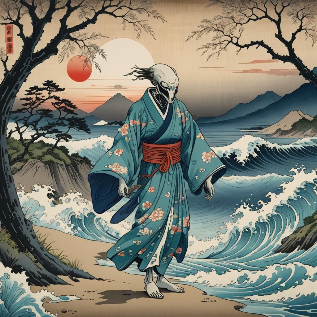 Alien in Kimono: Ukiyo-e Woodblock Print