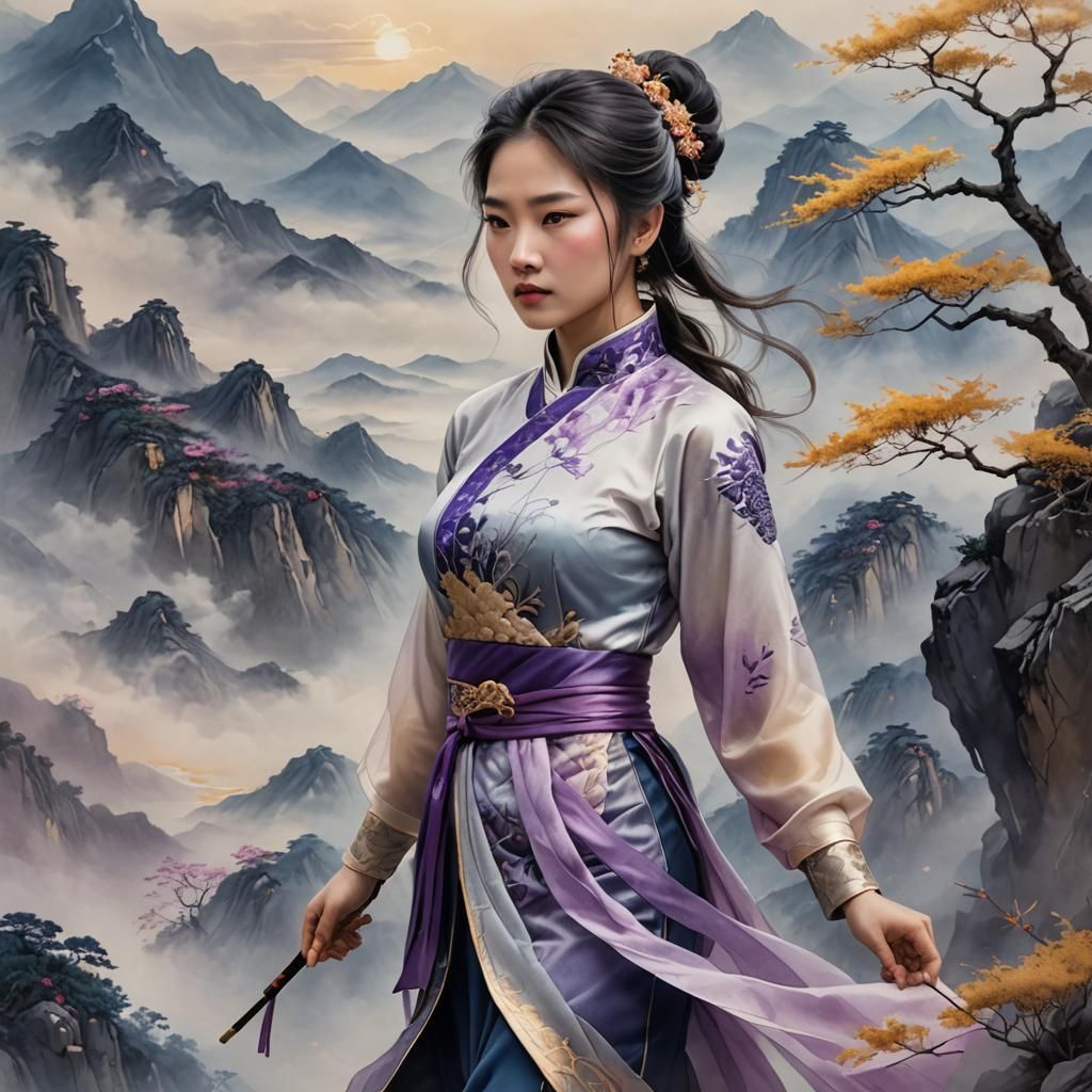 Warrior Princess in Qipao: Ink Wash Painting