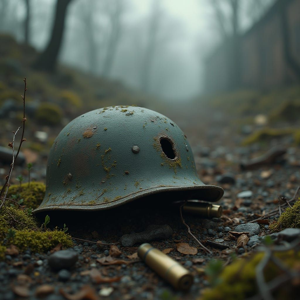Weathered World War 2 Helmet in a Haunted Post-Apocalyptic L...