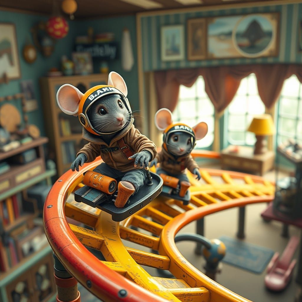 Mice on Rollercoaster Through Living Room in Hyperrealism
