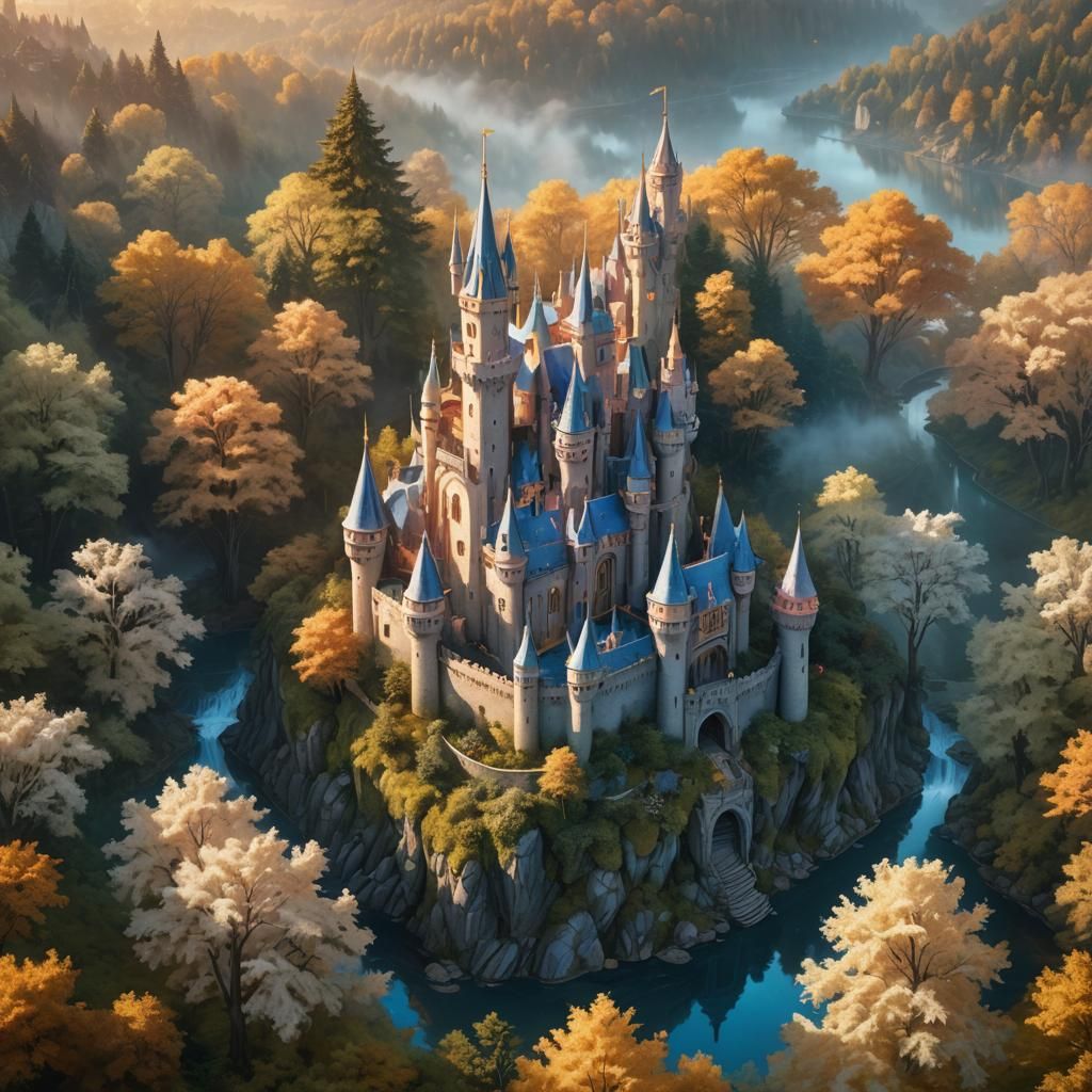 Mystical Castle in Iridescent Forest: Fantasy Art