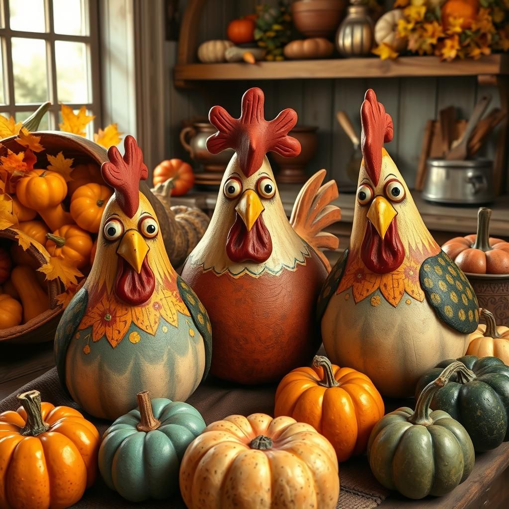 Gourd Chickens in Rustic Kitchen, Storybook Illustration