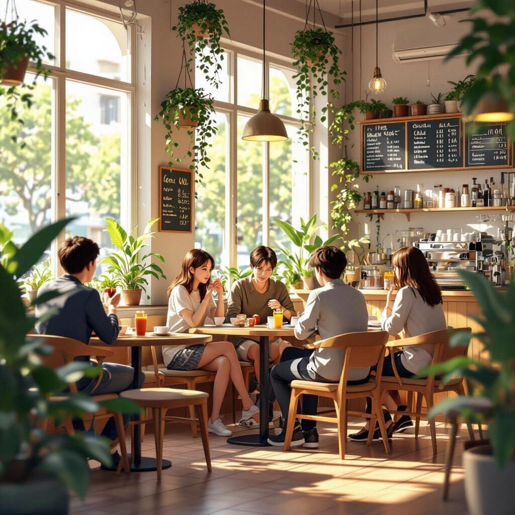 Singapore Cafe with Minimalist Decor in 3D Anime Style