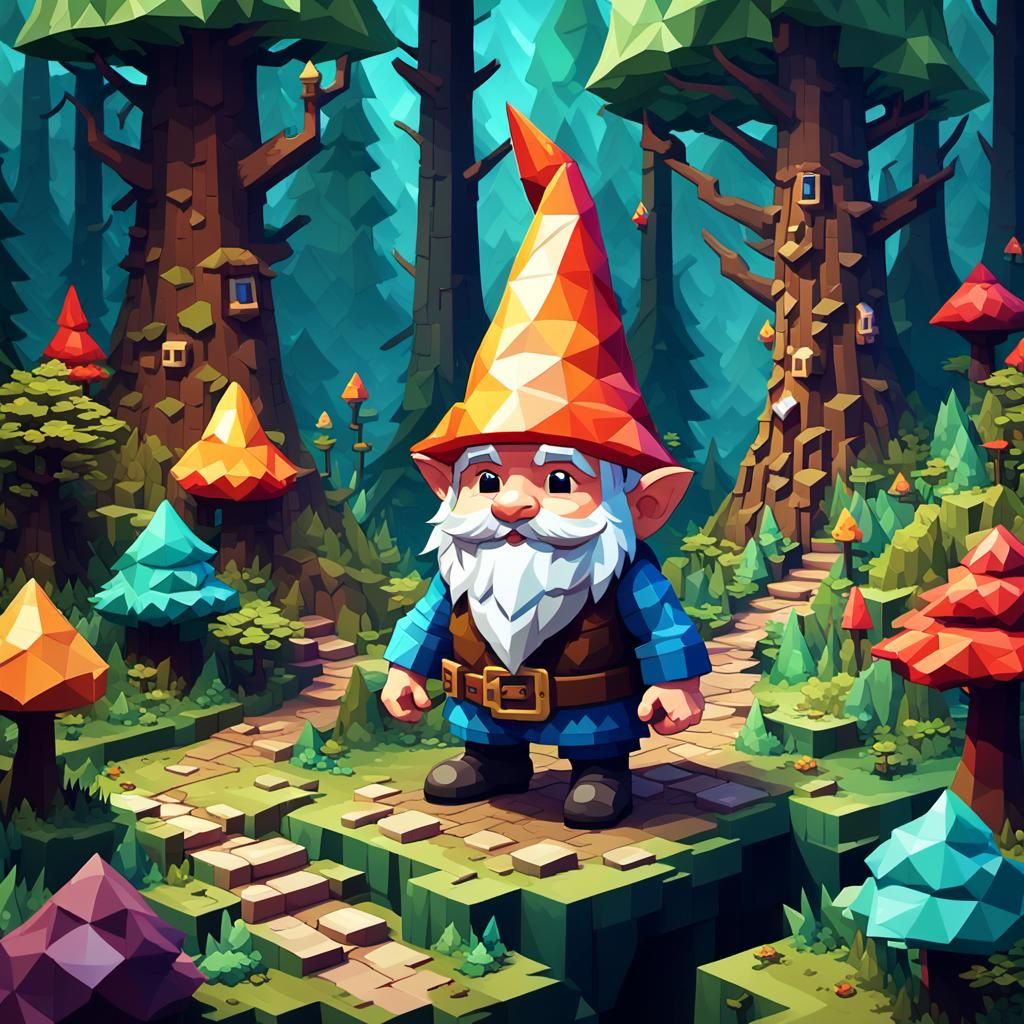 Isometric Pixel Art Gnome in Mystical Forest