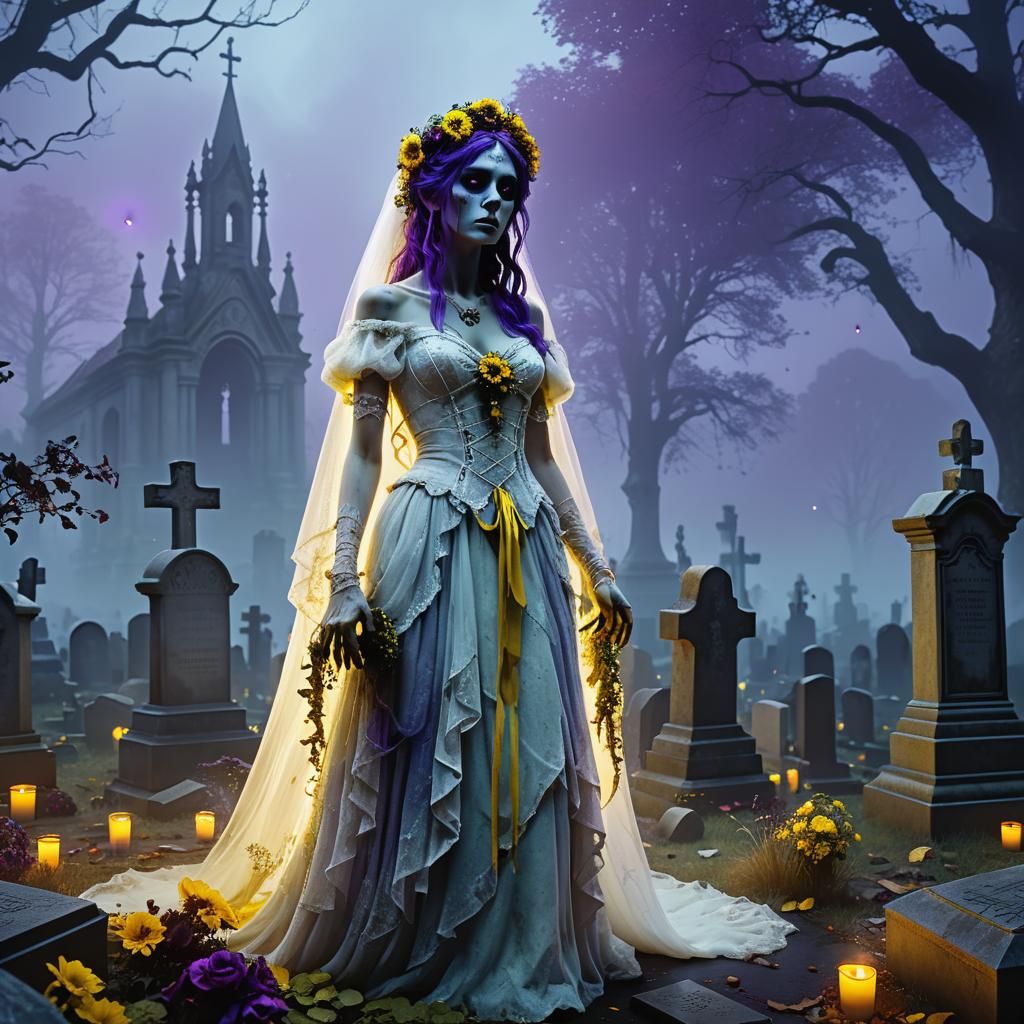 Zombie Bride in Haunted Cemetery: Dark Fantasy Art